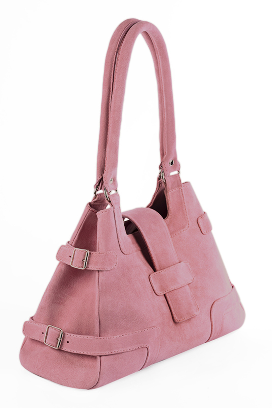 Carnation pink women's dress handbag, matching pumps and belts. Worn view - Florence KOOIJMAN